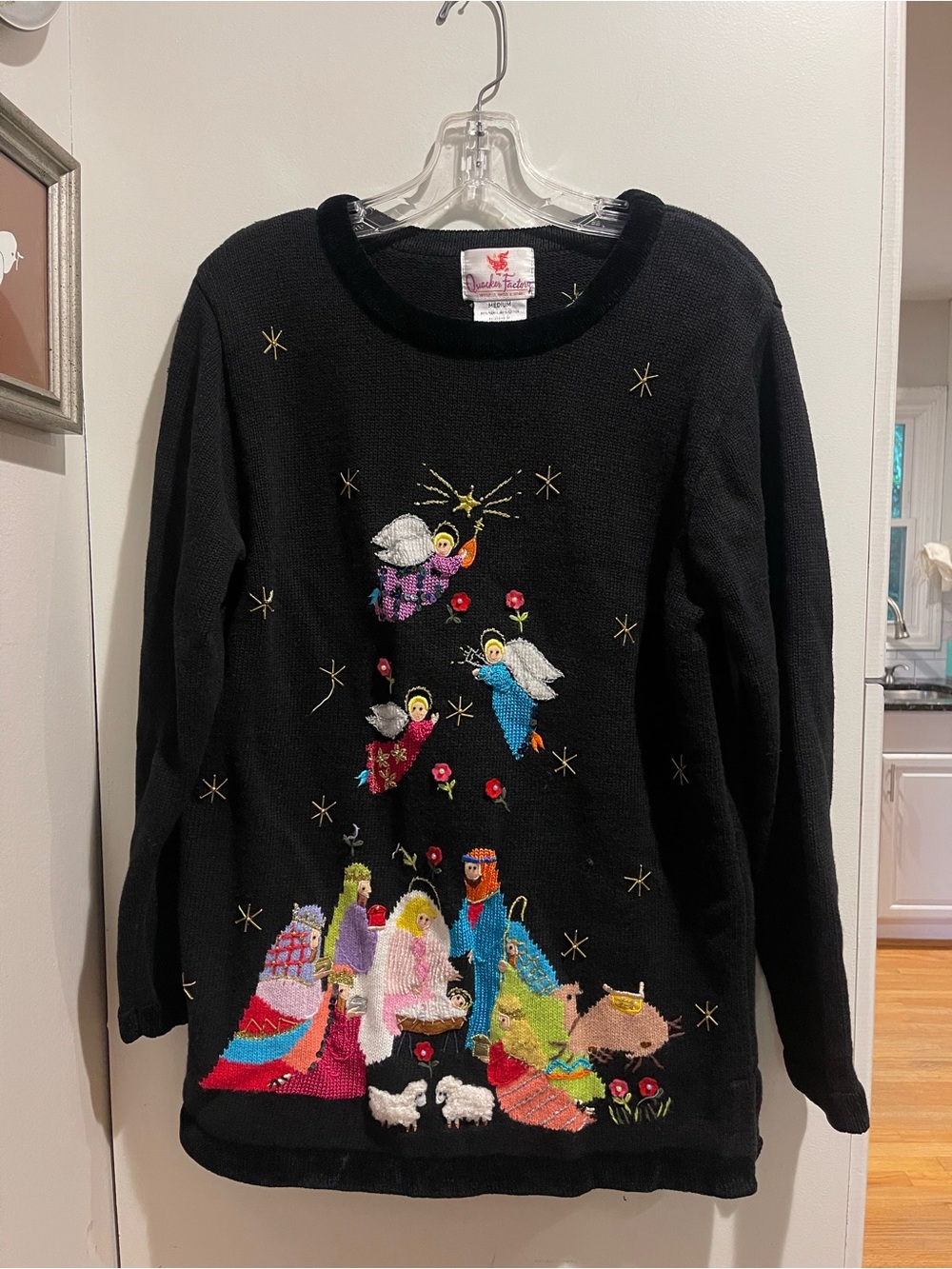 Vintage Quacker Factory Sweater M Black Embroidered Christmas Jesus Religous